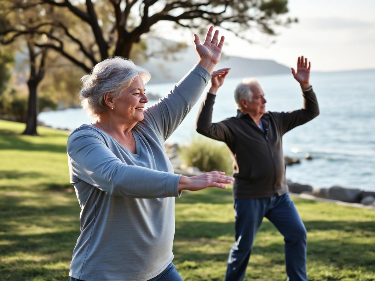 Seniors doing gentle exercise in a coastal park