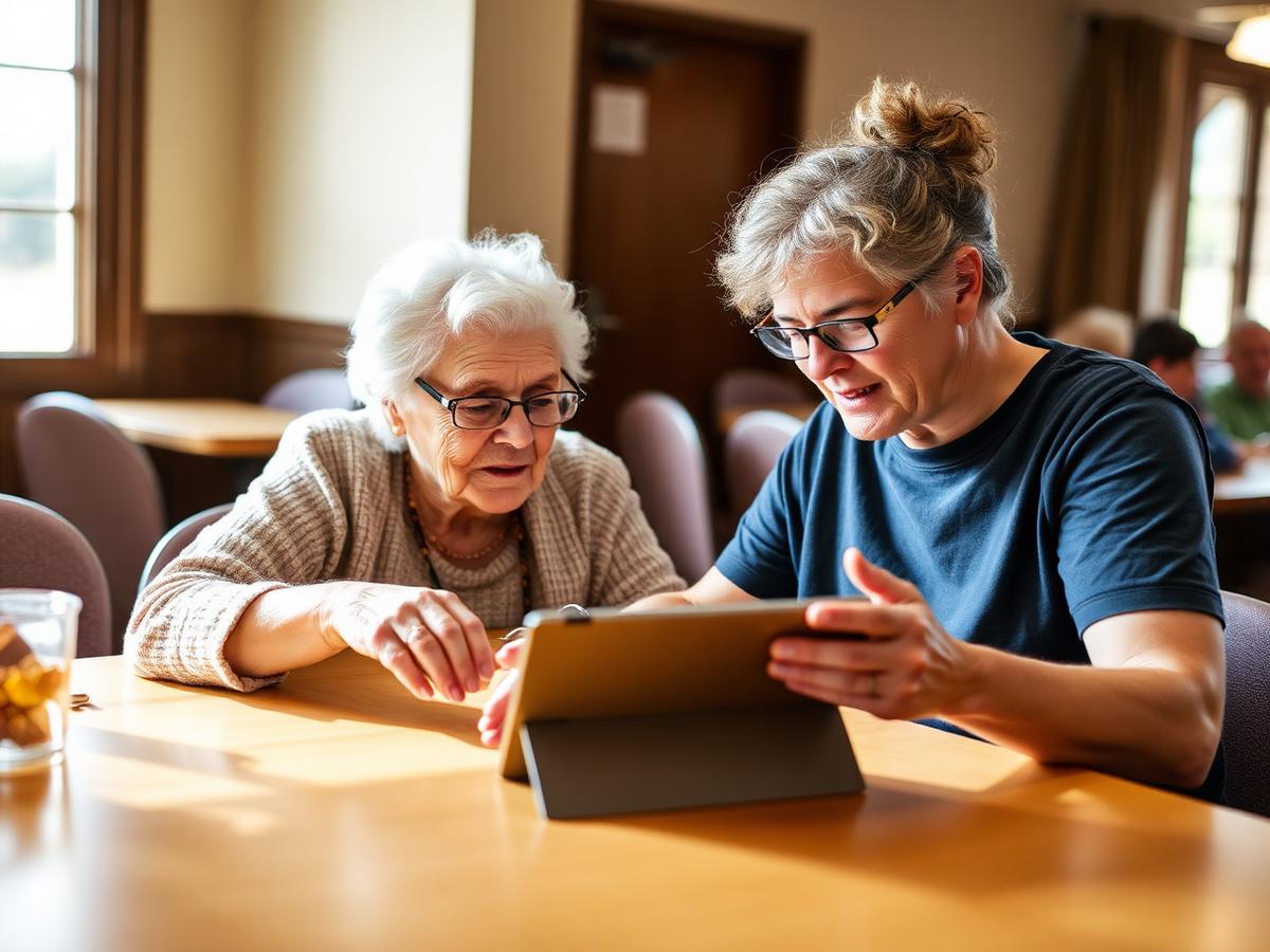 Volunteer tutor helping an older member with a tablet