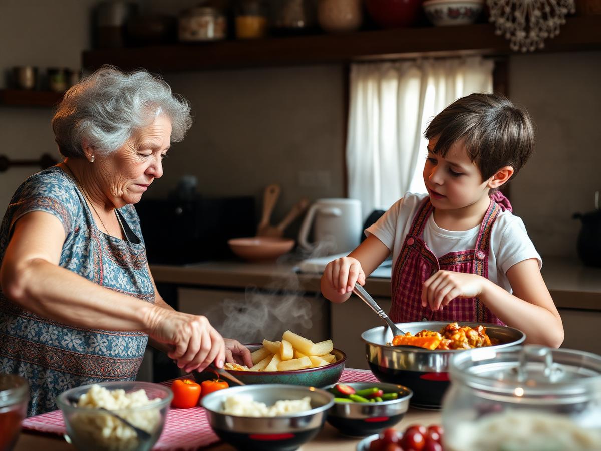 A member cooking with a younger volunteer